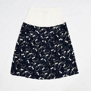 Vintage Allisia Drop Waist Cream Navy Bows Ribbons Printed Pleated Skirt